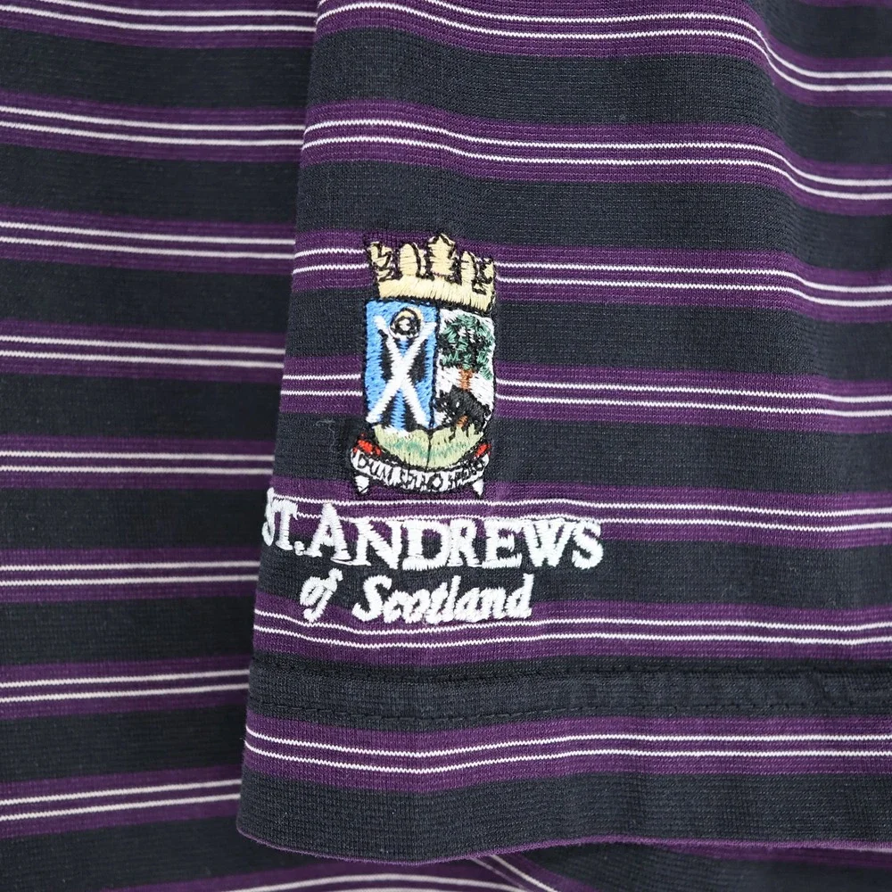 St Andrews of Scotland Mens Large Polo Shirt Purple Black Striped Short‎ Sleeve